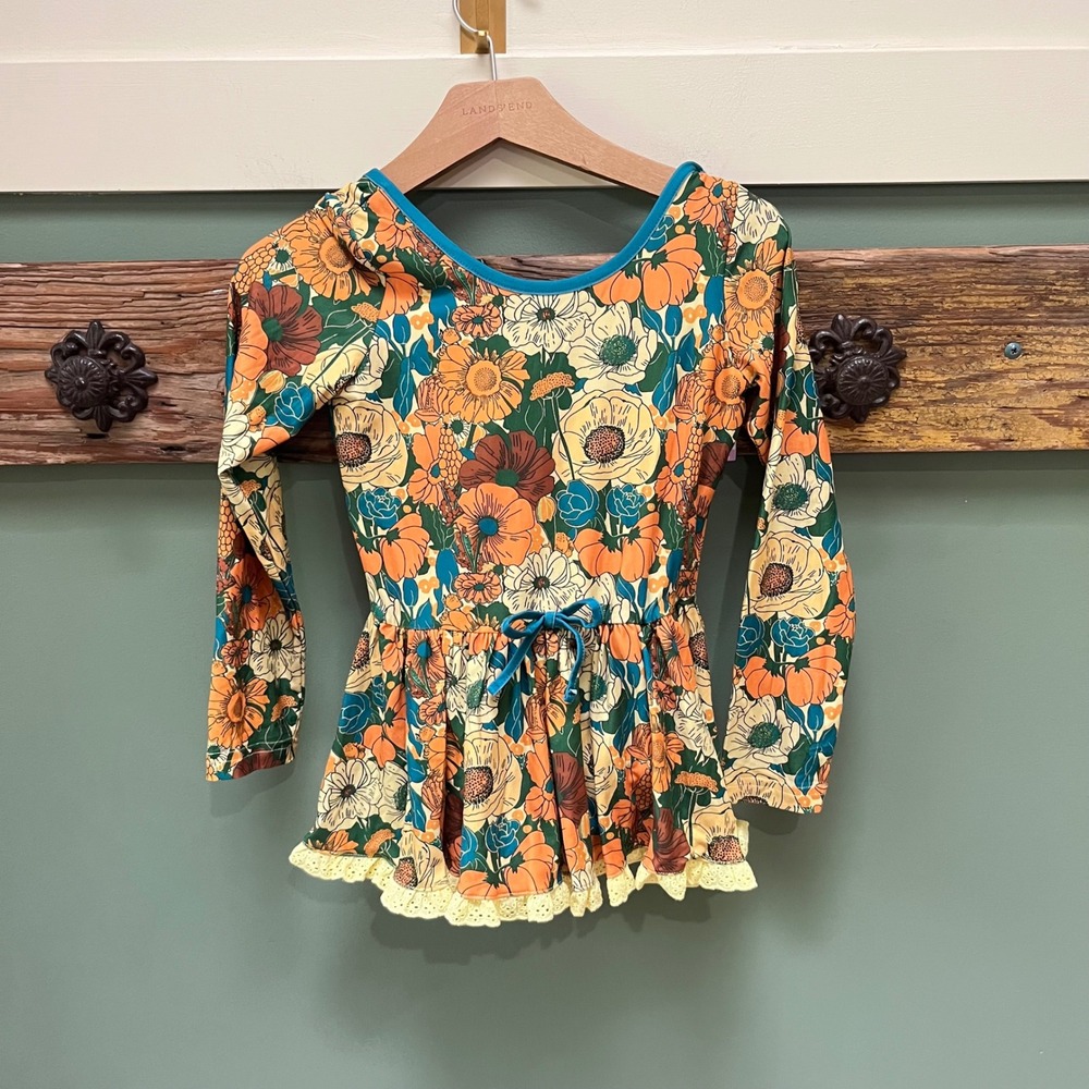 Cheeky Plum Girls Retro Floral Peplum Leotard Long Sleeve Lace Trim Size 6Y NWT
